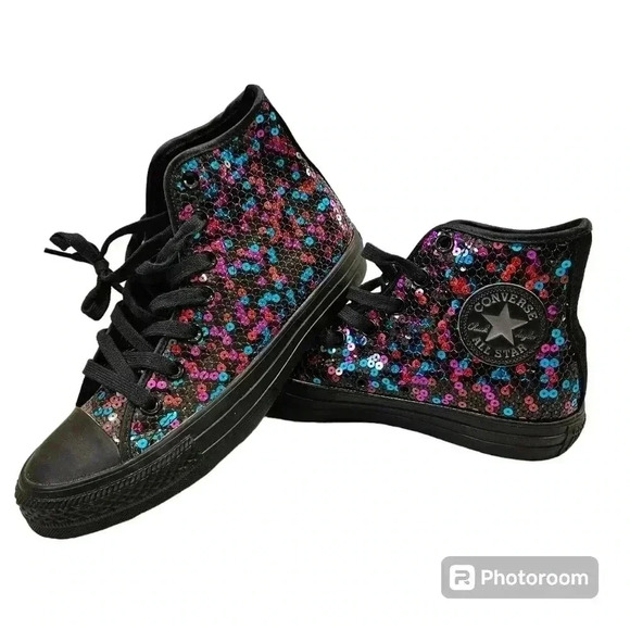 Converse Chuck Taylor All Stars High Top Sequin Colorful Black Sneaker - Picture 1 of 11